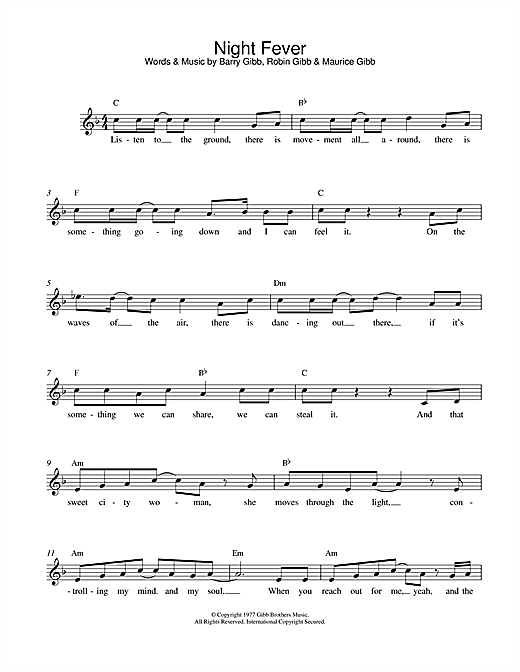 Learn to play Bee Gees Night Fever sheet music for Piano, Vocal & Guitar (Right-Hand Melody) in minutes. Bee Gees Night Fever sheet music notes and chords