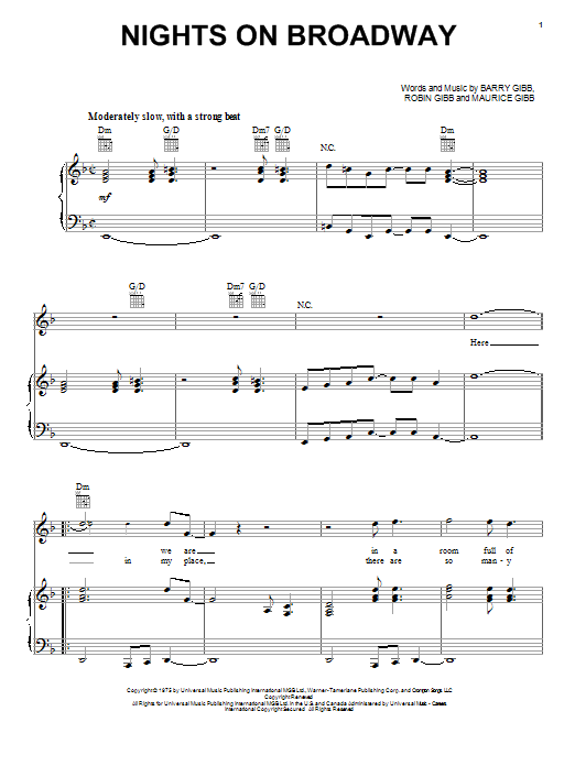 Learn to play Bee Gees Nights On Broadway sheet music for Piano, Vocal & Guitar (Right-Hand Melody) in minutes. Bee Gees Nights On Broadway sheet music notes and chords