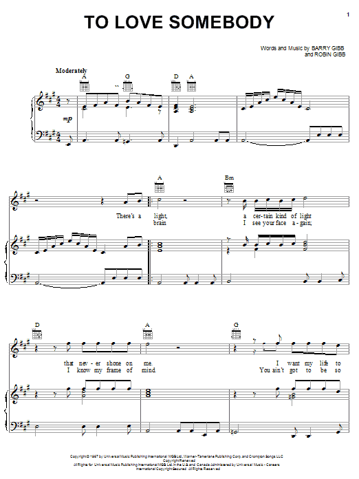 Learn to play Bee Gees To Love Somebody sheet music for Lyrics & Chords in minutes. Bee Gees To Love Somebody sheet music notes and chords