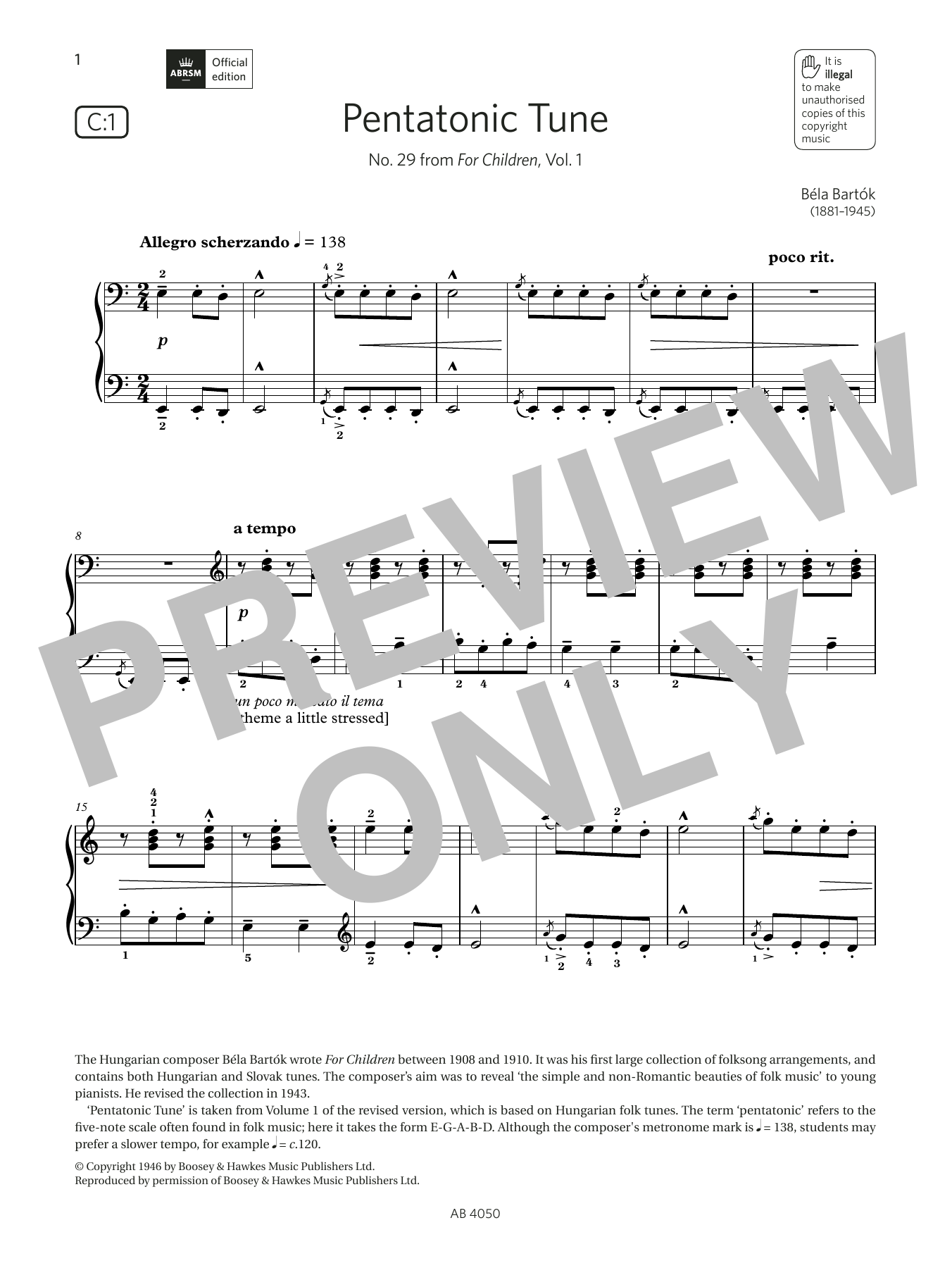 Béla Bartók Pentatonic Tune (Grade 4, list C1, from the ABRSM Piano Syllabus 2023 & 2024) sheet music, chords, lyrics - Printable PDF for Piano Solo