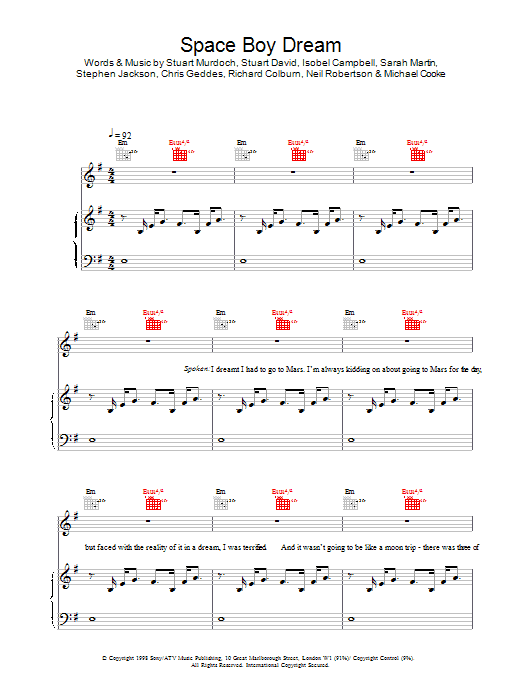 Download Belle & Sebastian Space Boy Dream sheet music notes and chords for Piano, Vocal & Guitar - Download Printable PDF and start playing in minutes.