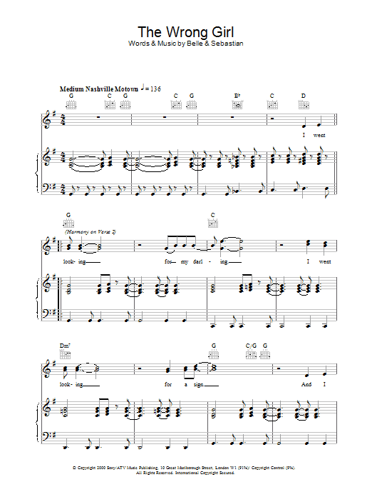 Download Belle & Sebastian The Wrong Girl sheet music notes and chords for Piano, Vocal & Guitar - Download Printable PDF and start playing in minutes.