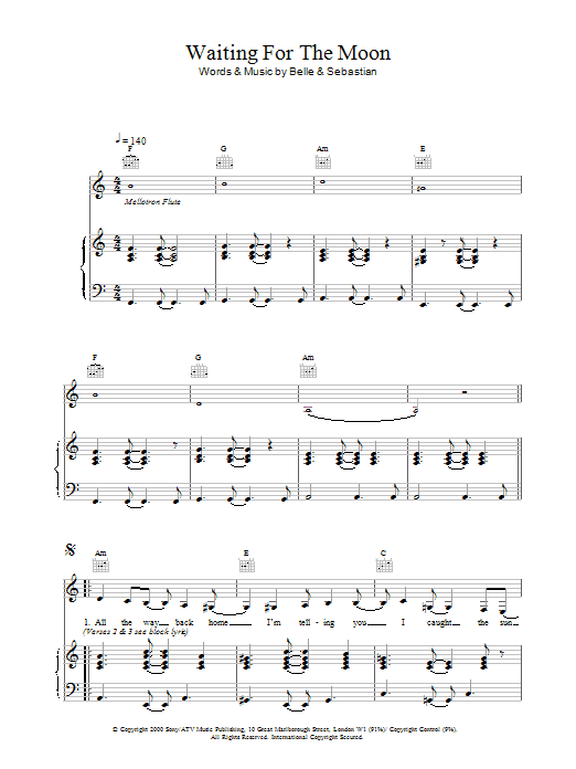 Download Belle & Sebastian Waiting For The Moon sheet music notes and chords for Piano, Vocal & Guitar - Download Printable PDF and start playing in minutes.