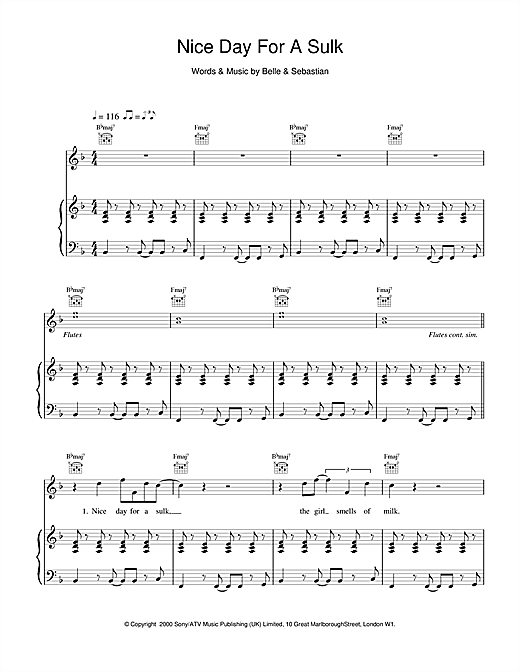 Learn to play Belle & Sebastian Nice Day For A Sulk sheet music for Piano, Vocal & Guitar in minutes. Belle & Sebastian Nice Day For A Sulk sheet music notes and chords