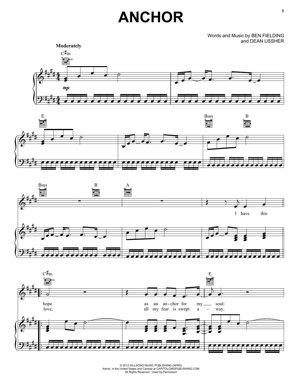 Ben Fielding & Dean Ussher Anchor sheet music, chords, lyrics - Printable PDF for Piano, Vocal & Guitar (Right-Hand Melody)
