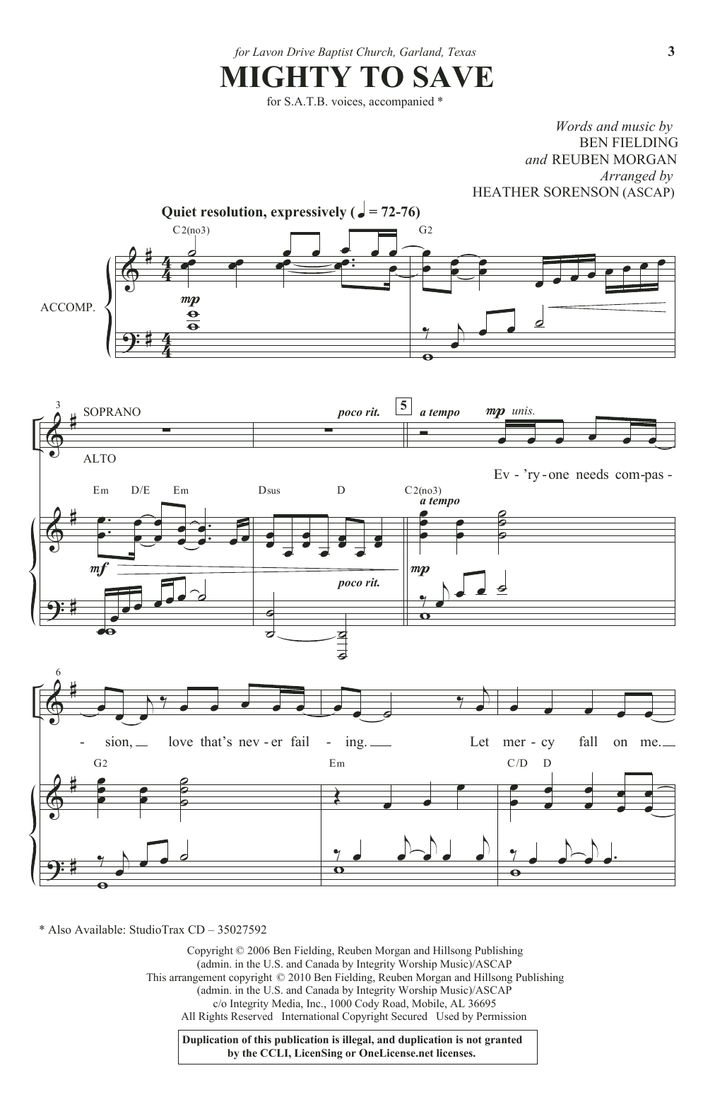 Ben Fielding & Reuben Morgan Mighty To Save (arr. Heather Sorenson) sheet music, chords, lyrics - Printable PDF for SATB Choir