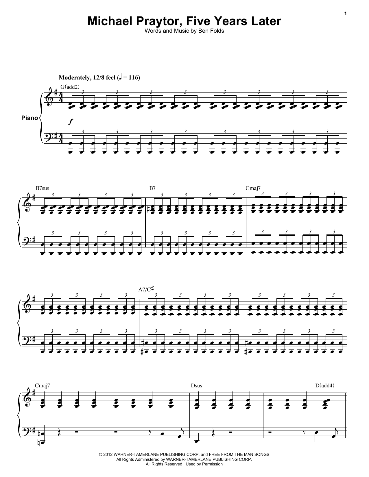 Ben Folds Five Michael Praytor, Five Years Later sheet music, chords, lyrics - Printable PDF for Keyboard Transcription