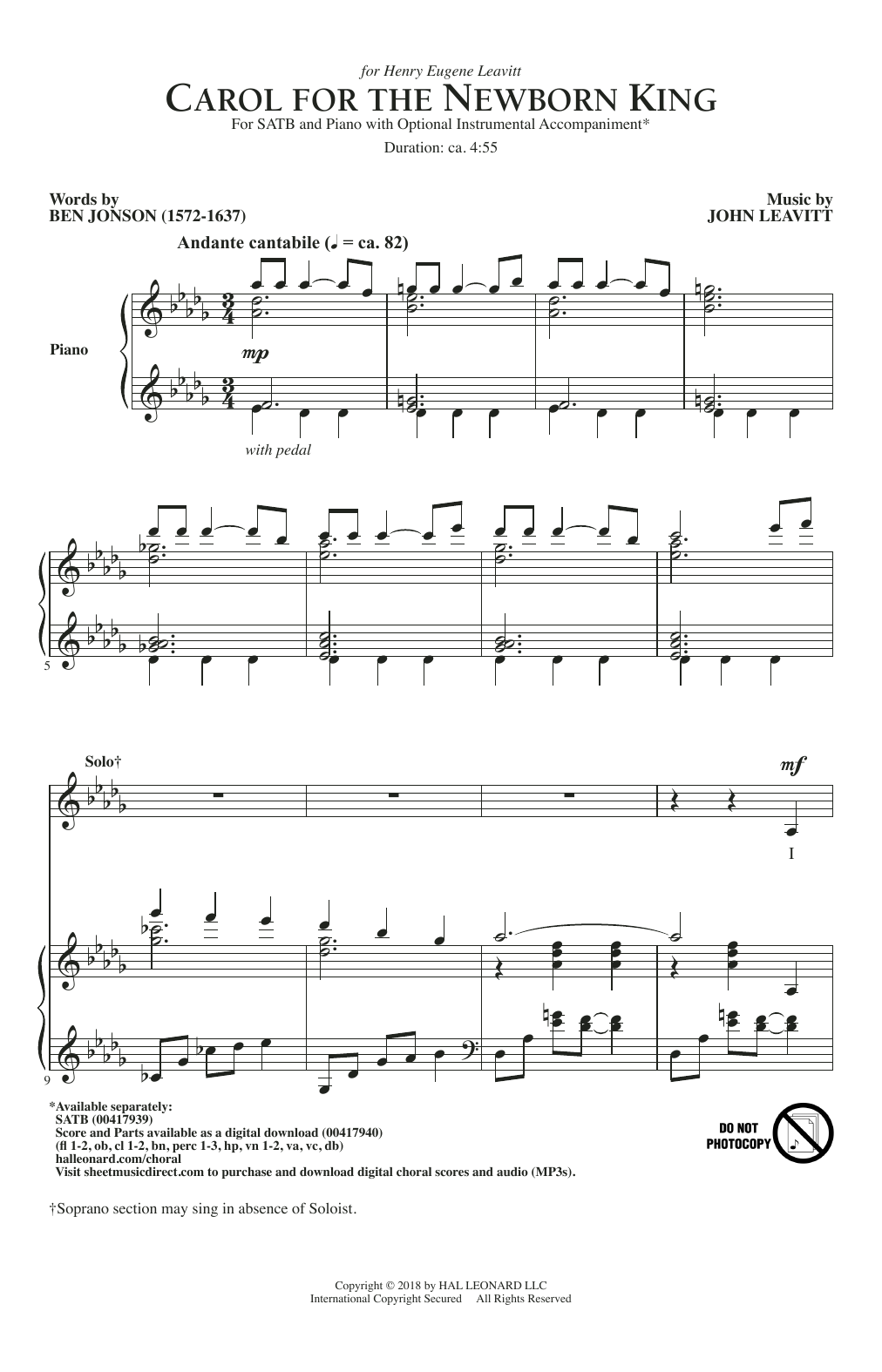 Ben Jonson and John Leavitt Carol For The Newborn King sheet music, chords, lyrics - Printable PDF for SATB Choir