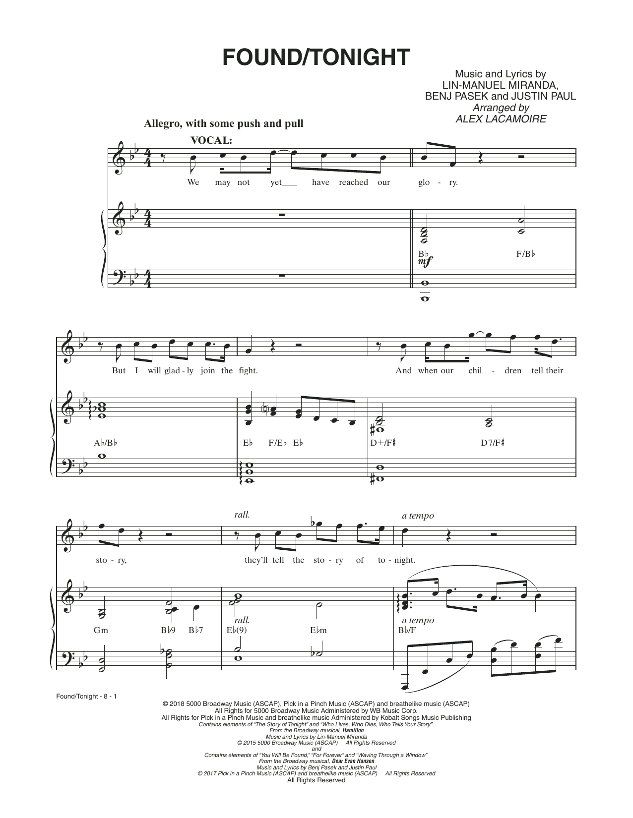 Ben Platt & Lin-Manuel Miranda Found/Tonight sheet music, chords, lyrics - Printable PDF for Piano & Vocal