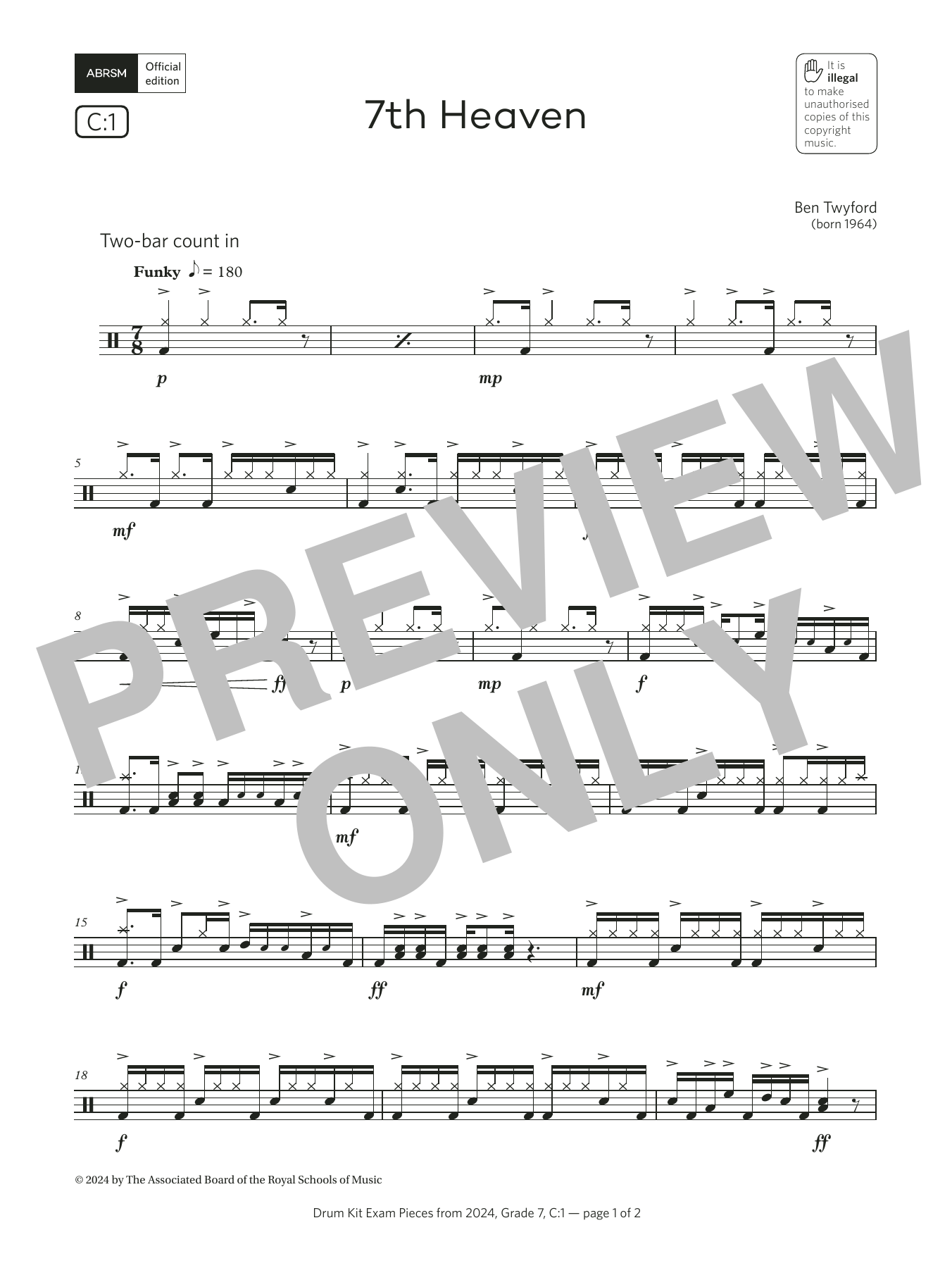Ben Twyford 7th Heaven (Grade 7, list C1, from the ABRSM Drum Kit Syllabus 2024) sheet music, chords, lyrics - Printable PDF for Drums
