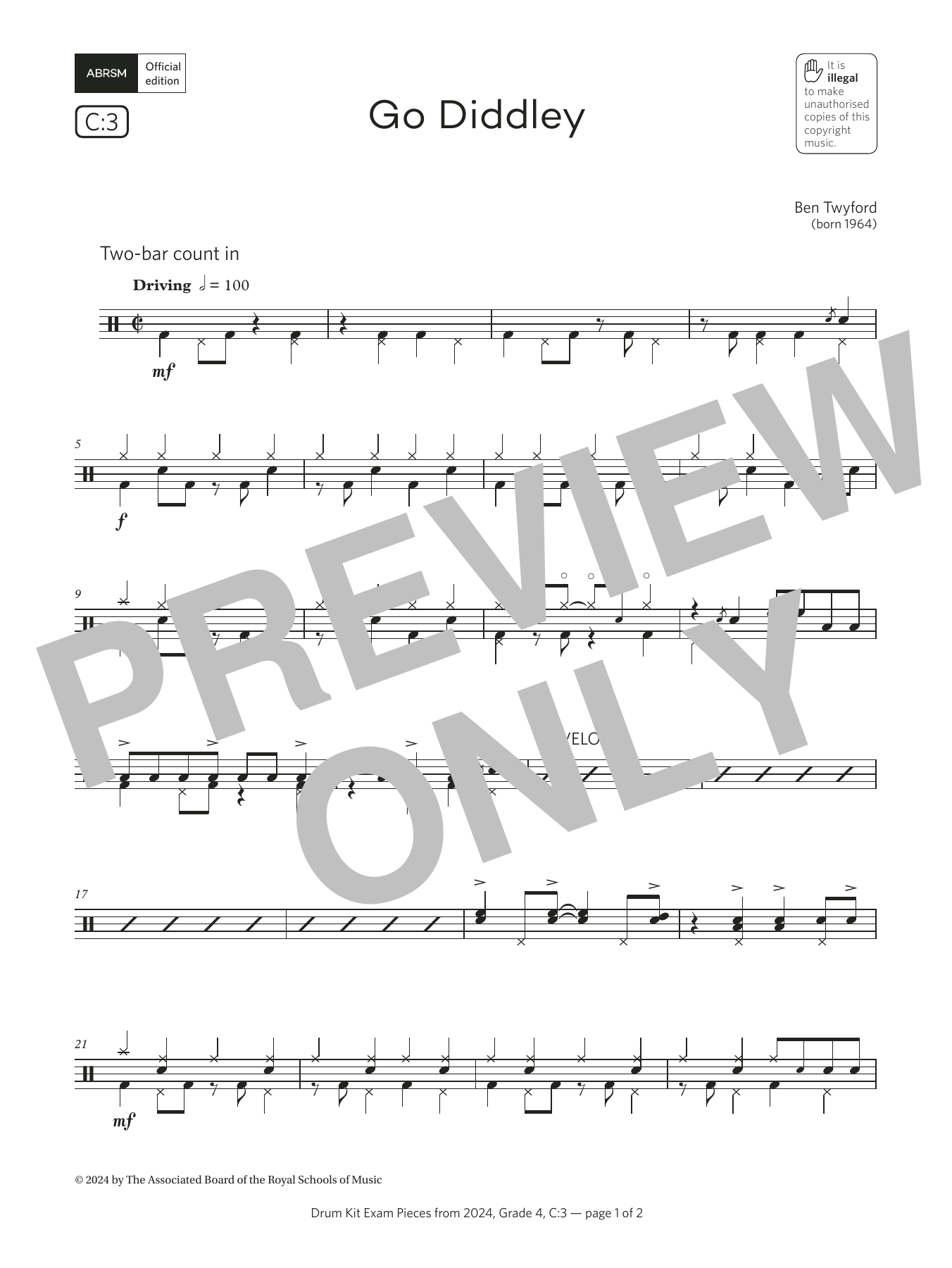 Ben Twyford Go Diddley (Grade 4, list C3, from the ABRSM Drum Kit Syllabus 2024) sheet music, chords, lyrics - Printable PDF for Drums