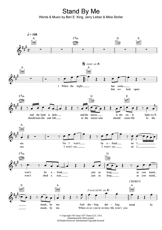 Learn to play Ben E. King Stand By Me sheet music for Piano, Vocal & Guitar (Right-Hand Melody) in minutes. Ben E. King Stand By Me sheet music preview music notes and score for Piano, Vocal & Guitar (Right-Hand Melody) including 3 page(s)