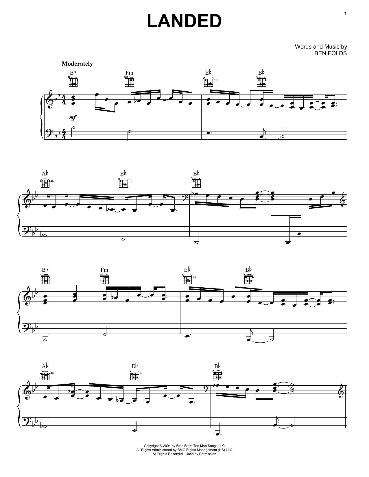 Ben Folds Landed sheet music preview music notes and score for Piano, Vocal & Guitar including 9 page(s)