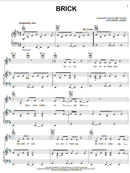 Learn to play Ben Folds Five Brick sheet music for Piano, Vocal & Guitar (Right-Hand Melody) in minutes. Ben Folds Five Brick sheet music preview music notes and score for Piano, Vocal & Guitar (Right-Hand Melody) including 6 page(s)