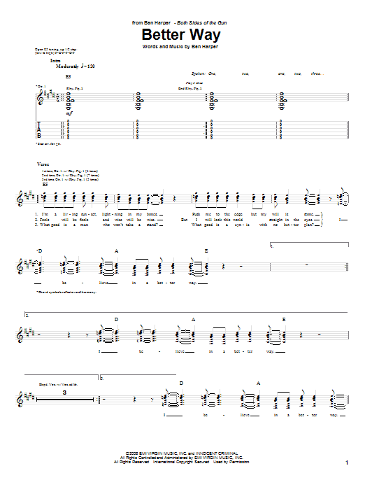 Learn to play Ben Harper Better Way sheet music for Guitar Tab in minutes. Ben Harper Better Way sheet music preview music notes and score for Guitar Tab including 4 page(s)