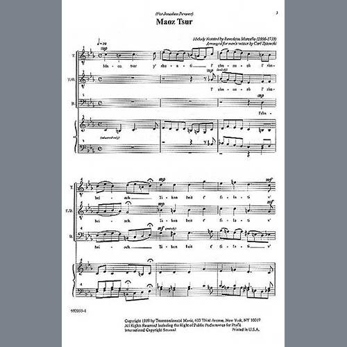 Download or print Benedetto Marcello Maoz Tsur (Men's Voices) Sheet Music Printable PDF 5-page score for Jewish / arranged TTBB Choir SKU: 1191115.