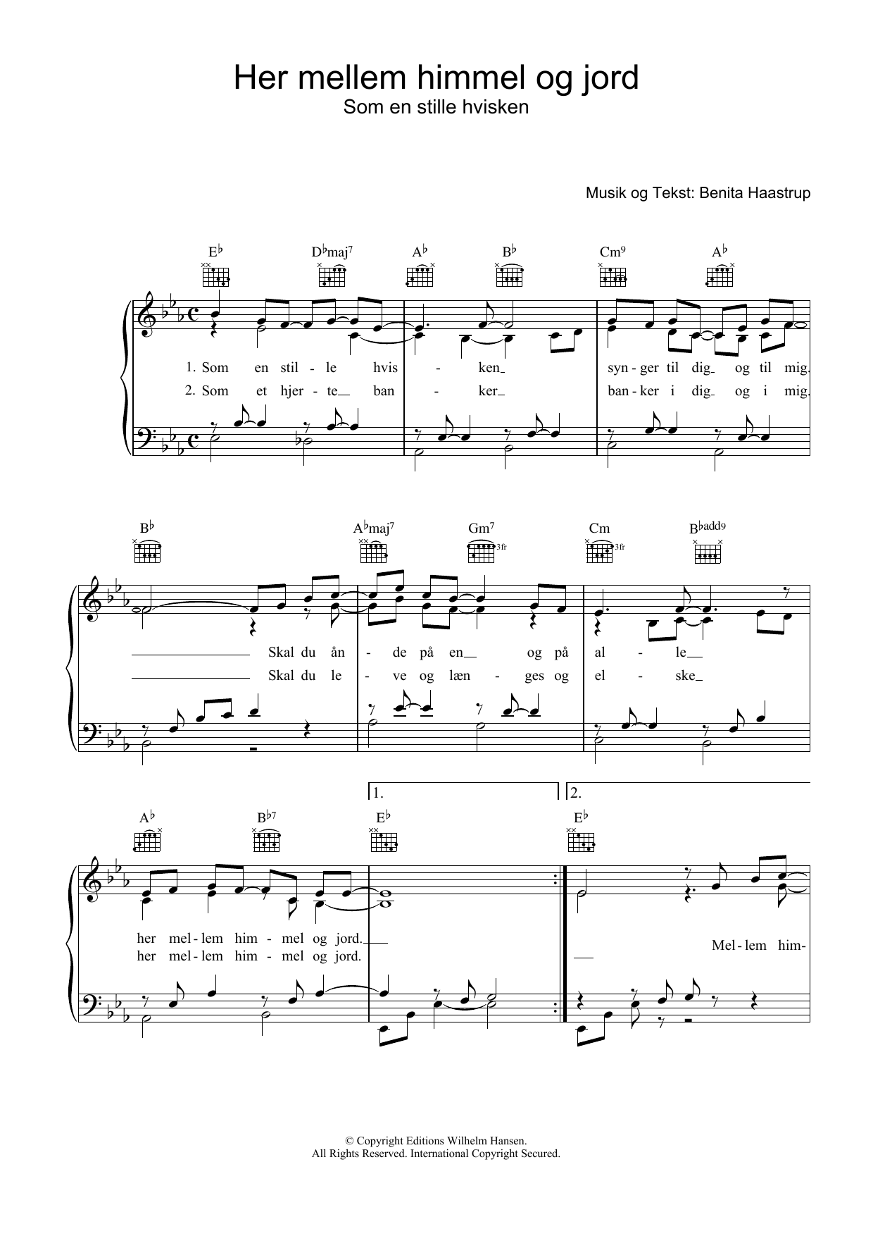 Benita Haastrup Her Mellem Himmel Og Jord sheet music preview music notes and score for Piano, Vocal & Guitar (Right-Hand Melody) including 2 page(s)