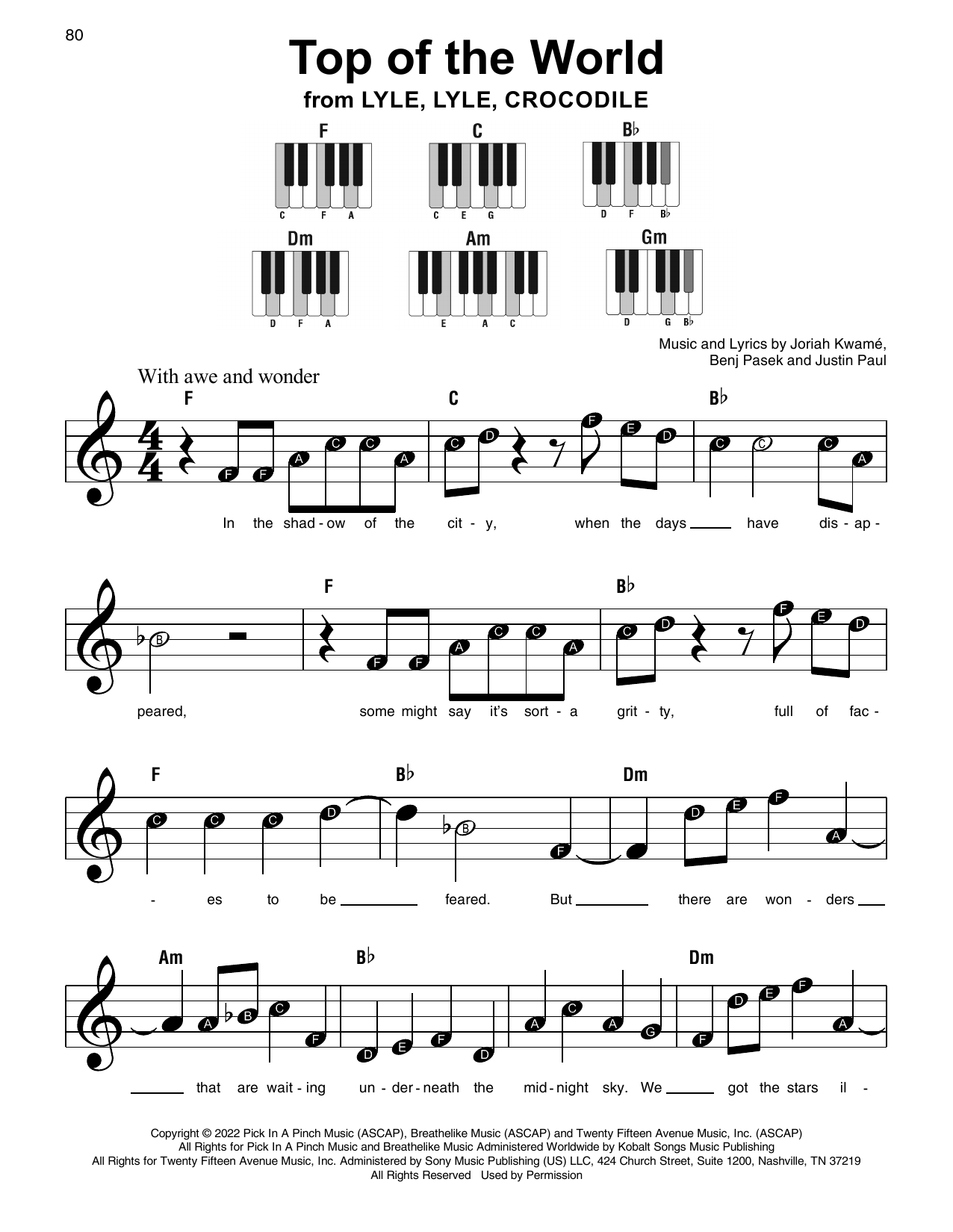 Benj Pasek Top Of The World (from Lyle, Lyle Crocodile) sheet music, chords, lyrics - Printable PDF for Super Easy Piano