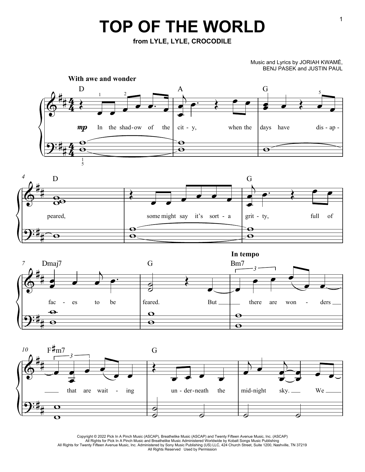 Benj Pasek Top Of The World (from Lyle, Lyle, Crocodile) sheet music, chords, lyrics - Printable PDF for Easy Piano