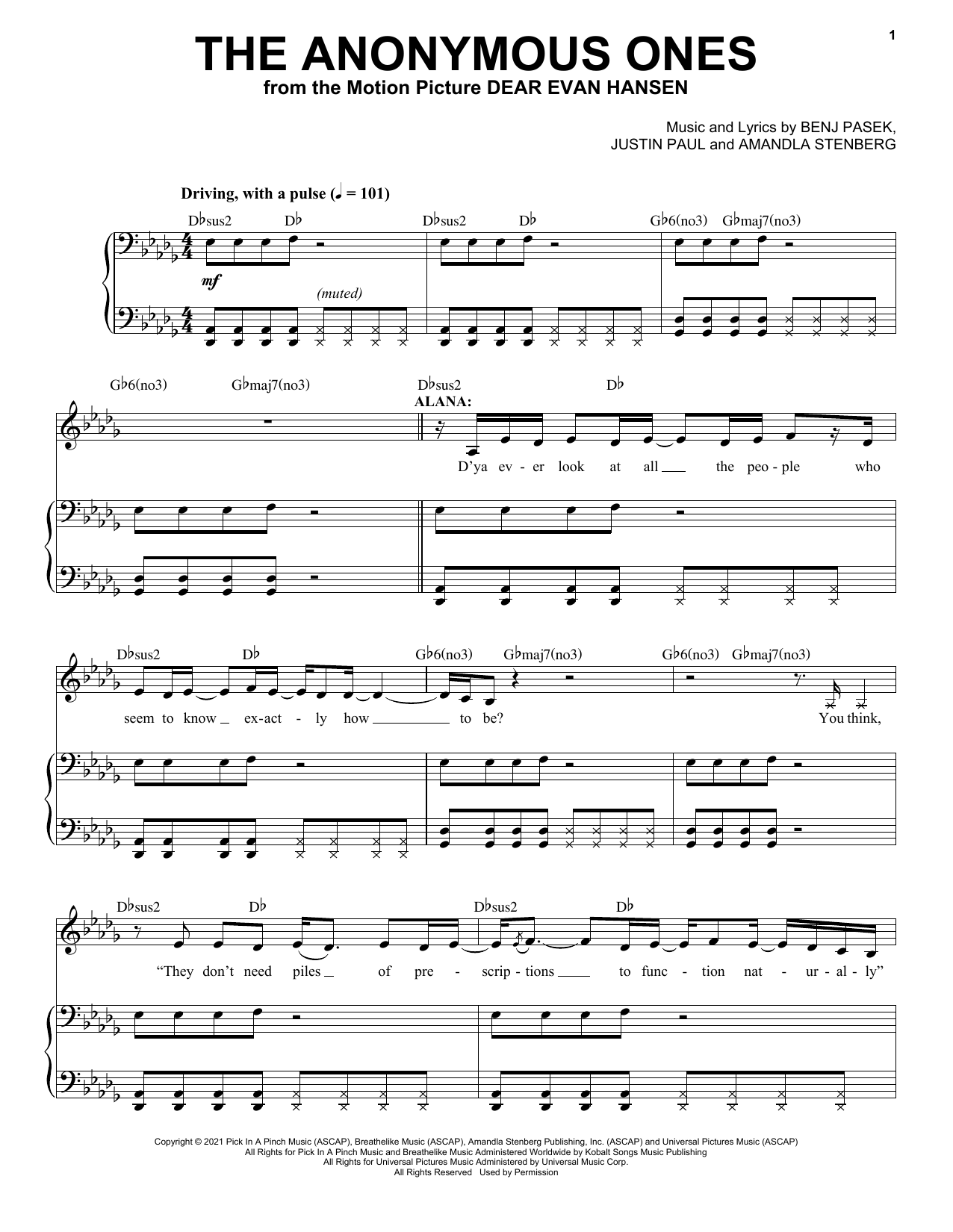 Benj Pasek, Justin Paul & Amandla Stenberg The Anonymous Ones (from Dear Evan Hansen) sheet music, chords, lyrics - Printable PDF for Piano & Vocal