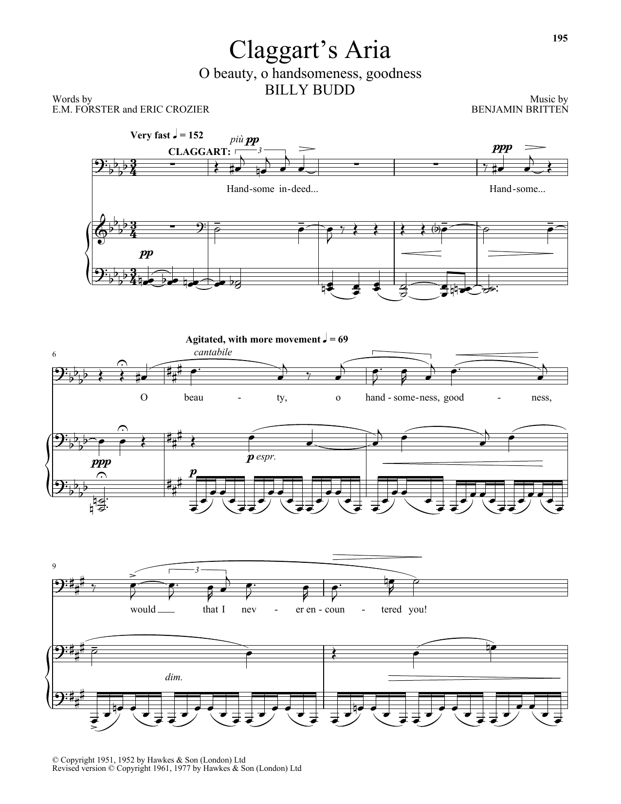 Benjamin Britten Claggart's Aria (O Beauty, O Handsomeness, Goodness) sheet music, chords, lyrics - Printable PDF for Piano & Vocal