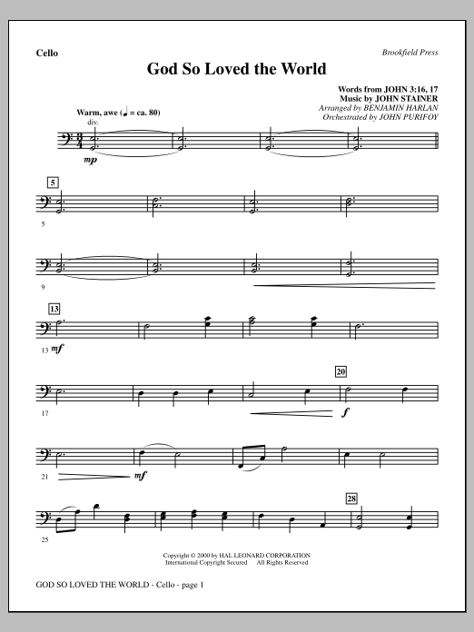 Benjamin Harlan God So Loved The World Chamber Orchestra - Cello sheet music, chords, lyrics - Printable PDF for Choir Instrumental Pak