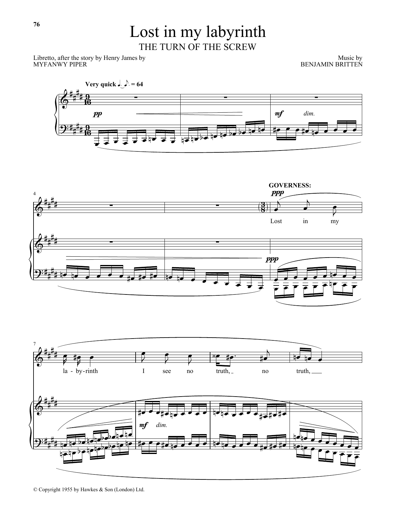 Benjamin Britten Lost in my labyrinth (from The Turn Of The Screw) sheet music preview music notes and score for Piano & Vocal including 4 page(s)