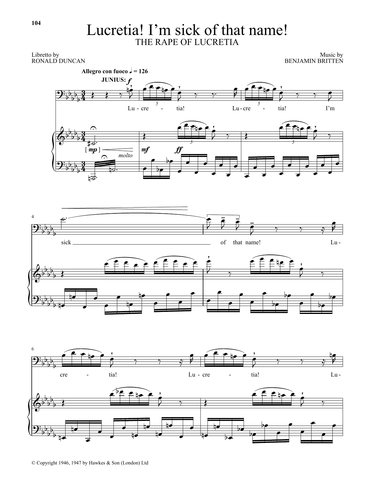 Benjamin Britten Lucretia! I'm sick of that name! (from The Rape Of Lucretia) sheet music preview music notes and score for Piano & Vocal including 6 page(s)