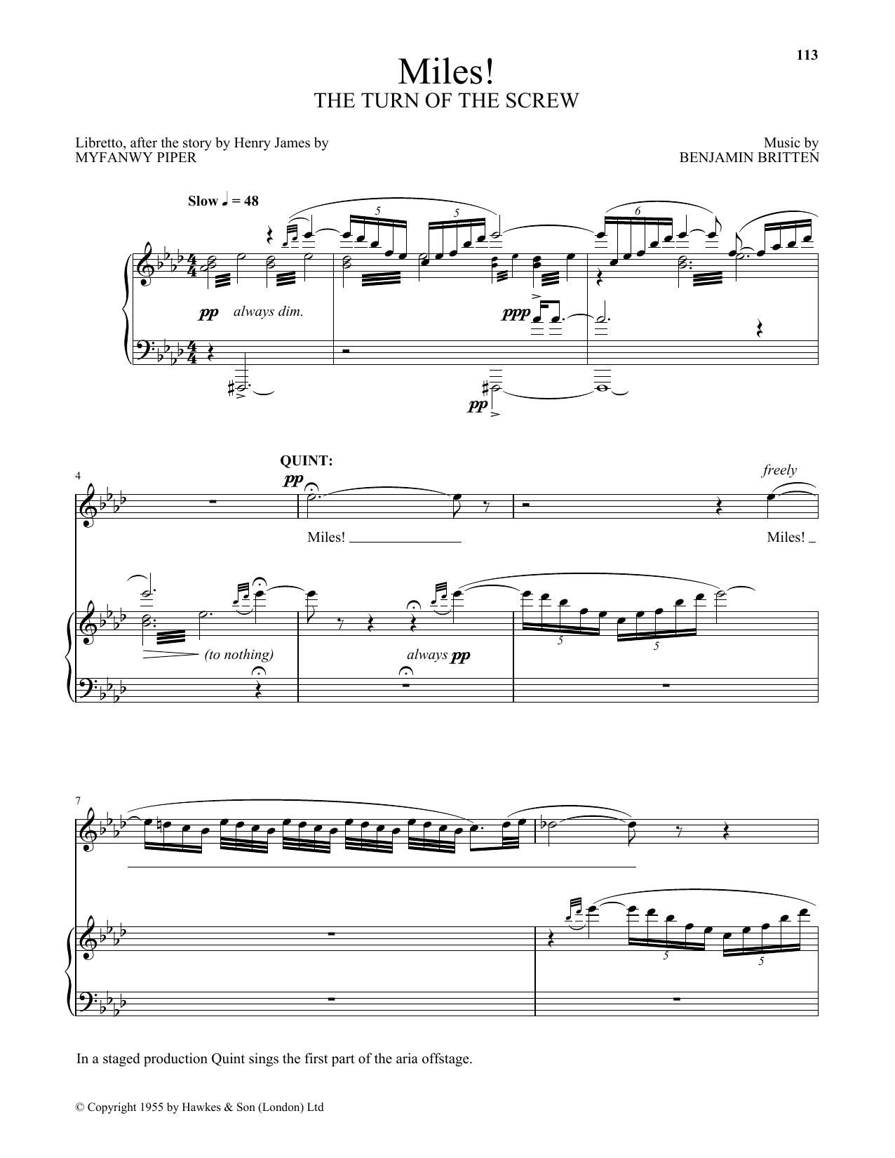 Benjamin Britten Miles! (from The Turn Of The Screw) sheet music preview music notes and score for Piano & Vocal including 7 page(s)