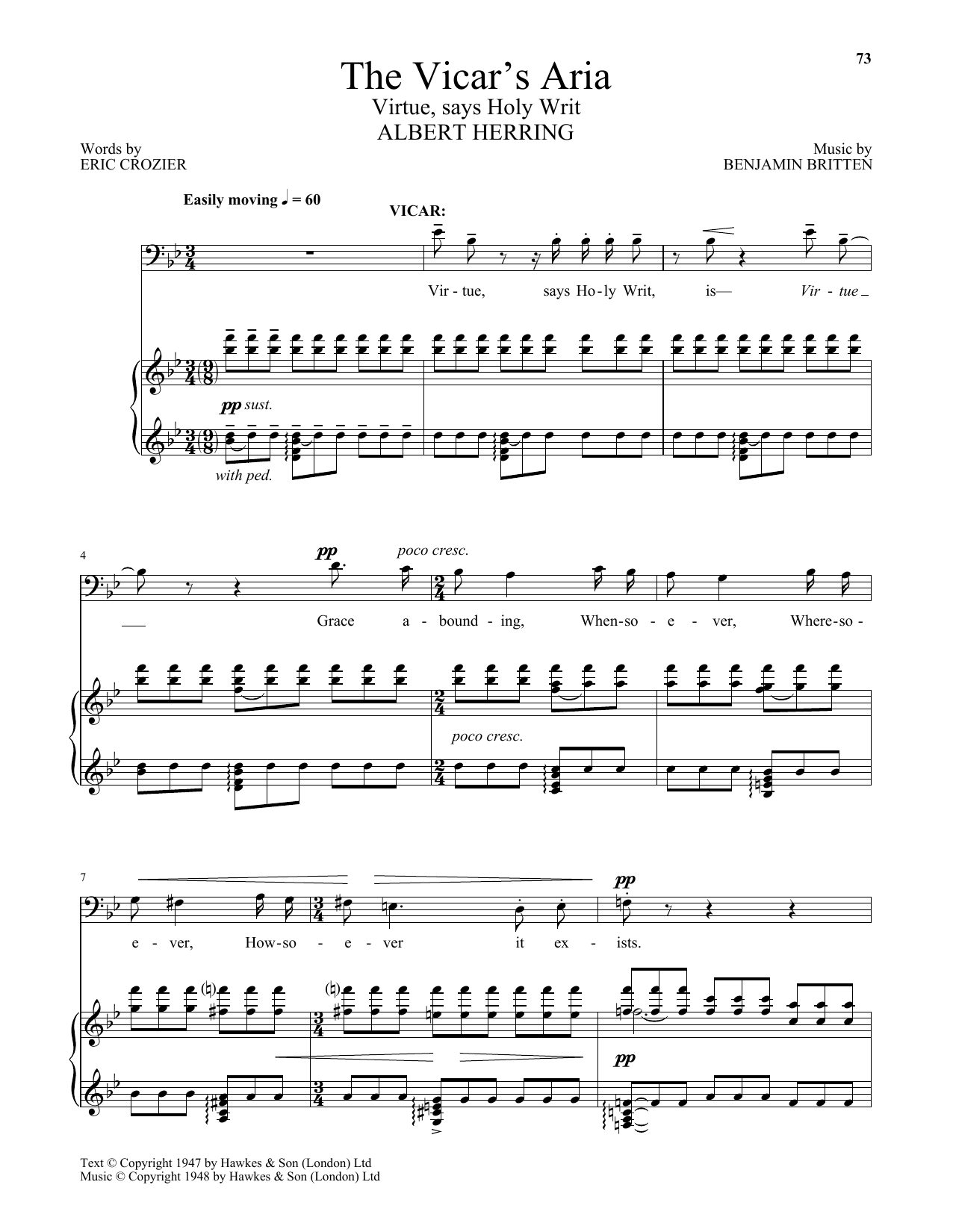 Benjamin Britten The Vicar's Aria (Virtue, says Holy Writ) (from Albert Herring) sheet music preview music notes and score for Piano & Vocal including 3 page(s)