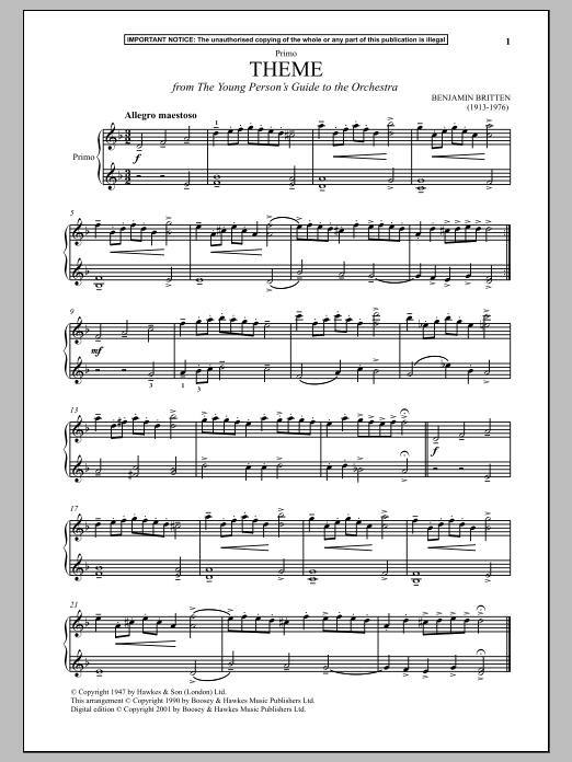 Learn to play Benjamin Britten Theme (from The Young Person's Guide To The Orchestra) sheet music for Piano Duet in minutes. Benjamin Britten Theme (from The Young Person's Guide To The Orchestra) sheet music notes and chords
