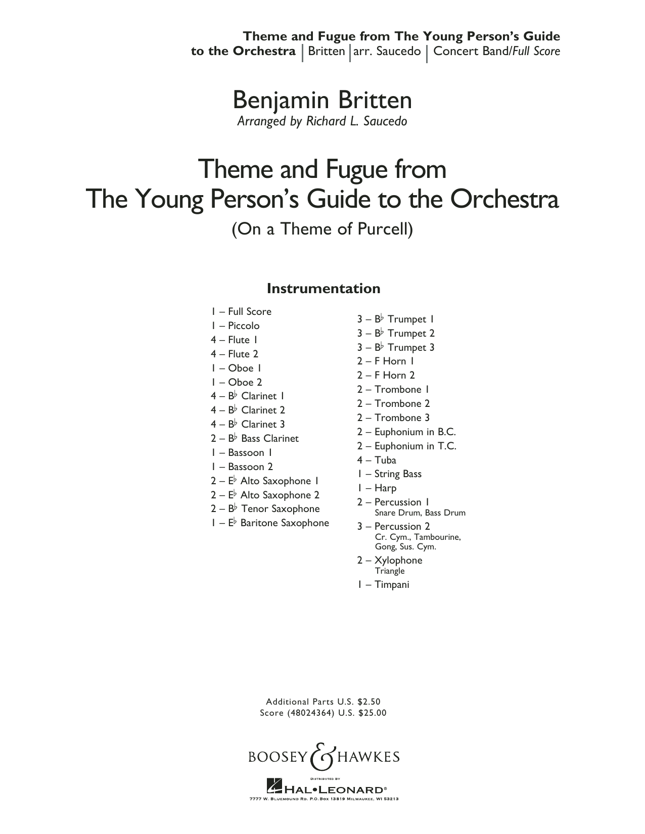 Learn to play Benjamin Britten Theme and Fugue from The Young Person's Guide to the Orchestra - Conductor Score (Full Score) sheet music for Concert Band in minutes. Benjamin Britten Theme and Fugue from The Young Person's Guide to the Orchestra - Conductor Score (Full Score) sheet music preview music notes and score for Concert Band including 28 page(s)