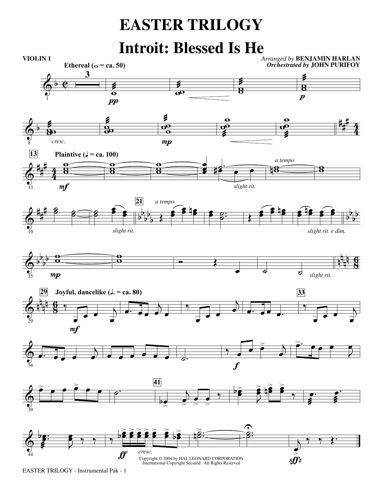 Benjamin Harlan Easter Trilogy: A Cantata in Three Suites (Full Orchestra) - Violin 1 sheet music preview music notes and score for Choir Instrumental Pak including 16 page(s)