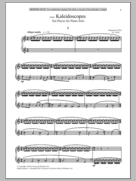 Learn to play Benjamin Lees Kaleidoscopes, Ten Pieces For Piano Solo, X. sheet music for Piano in minutes. Benjamin Lees Kaleidoscopes, Ten Pieces For Piano Solo, X. sheet music notes and chords