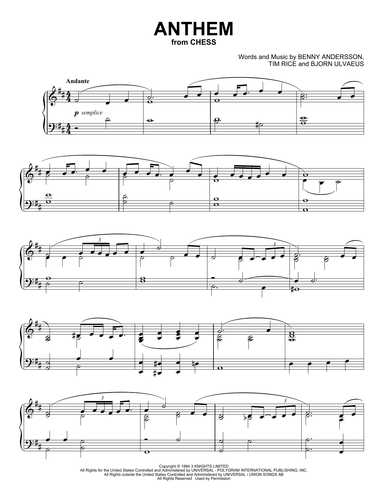 Benny Andersson & Bjorn Ulvaeus Anthem (from Chess) (Peaceful Piano Solo) sheet music, chords, lyrics - Printable PDF for Piano Solo