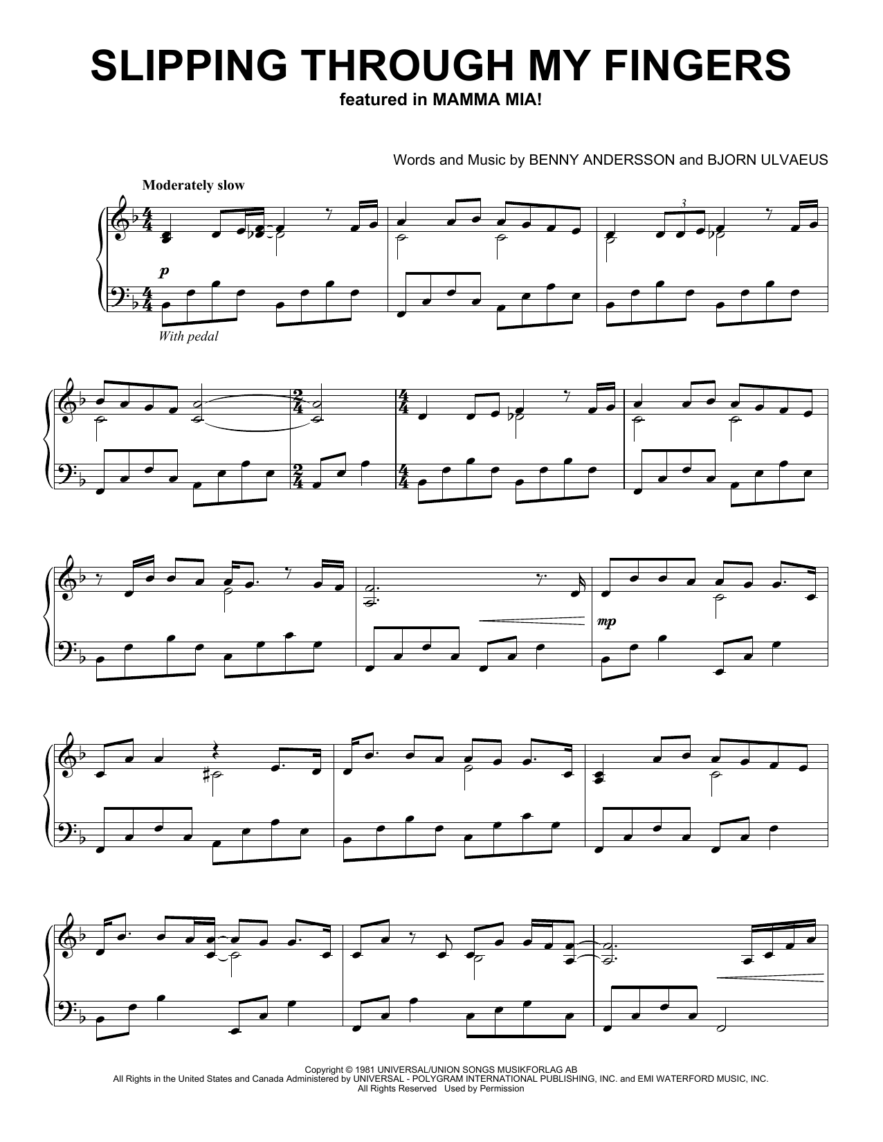 Benny Andersson & Bjorn Ulvaeus Slipping Through My Fingers (from Mamma Mia!) (Peaceful Piano Solo) sheet music, chords, lyrics - Printable PDF for Piano Solo
