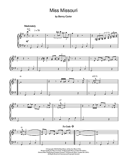Learn to play Benny Carter Miss Missouri sheet music for Piano in minutes. Benny Carter Miss Missouri sheet music notes and chords