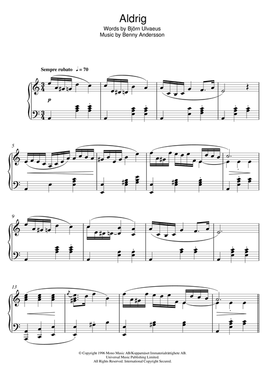 Learn to play Benny Andersson Aldrig sheet music for Piano in minutes. Benny Andersson Aldrig sheet music notes and chords