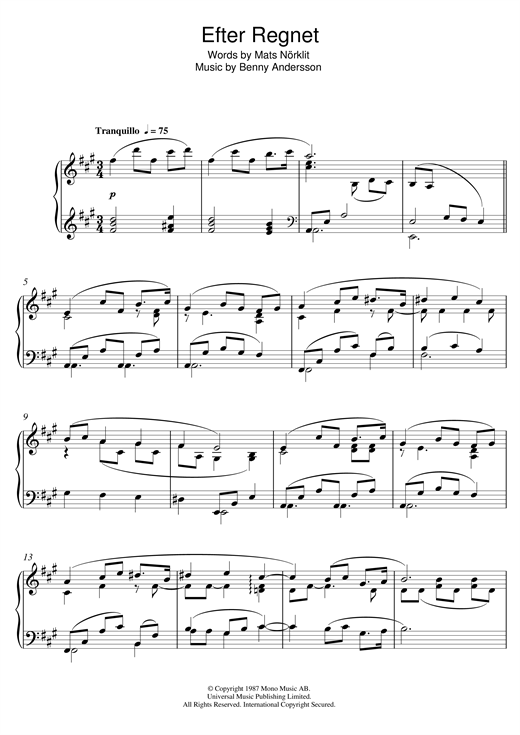Learn to play Benny Andersson Efter Regnet sheet music for Piano in minutes. Benny Andersson Efter Regnet sheet music notes and chords
