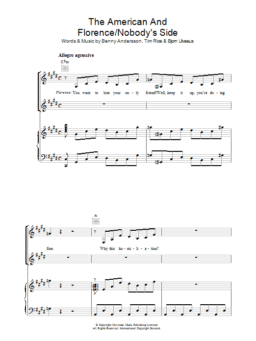 Benny Andersson The American And Florence/Nobody's Side sheet music preview music notes and score for Piano, Vocal & Guitar (Right-Hand Melody) including 18 page(s)