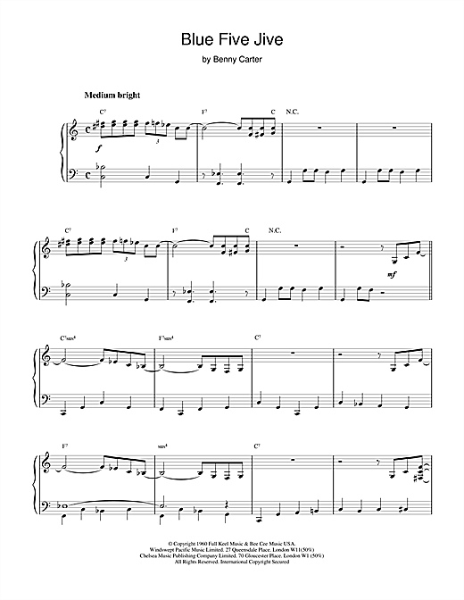 Learn to play Benny Carter Blue Five Jive sheet music for Piano in minutes. Benny Carter Blue Five Jive sheet music notes and chords