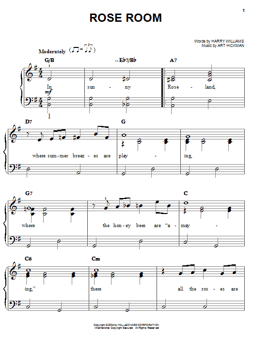 Learn to play Benny Goodman Rose Room sheet music for Piano, Vocal & Guitar (Right-Hand Melody) in minutes. Benny Goodman Rose Room sheet music preview music notes and score for Piano, Vocal & Guitar (Right-Hand Melody) including 3 page(s)