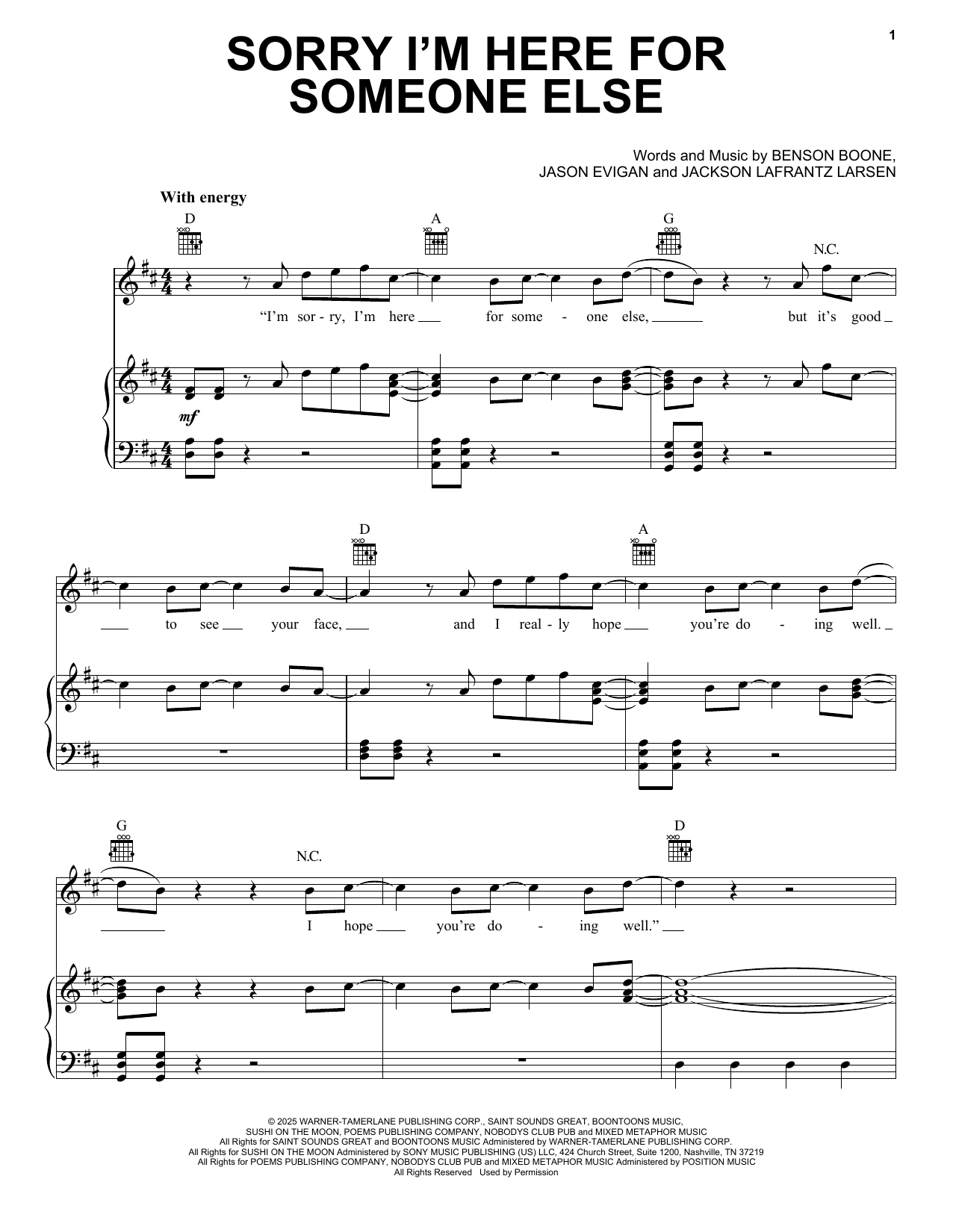 Benson Boone Sorry I'm Here For Someone Else sheet music, chords, lyrics - Printable PDF for Piano, Vocal & Guitar Chords (Right-Hand Melody)