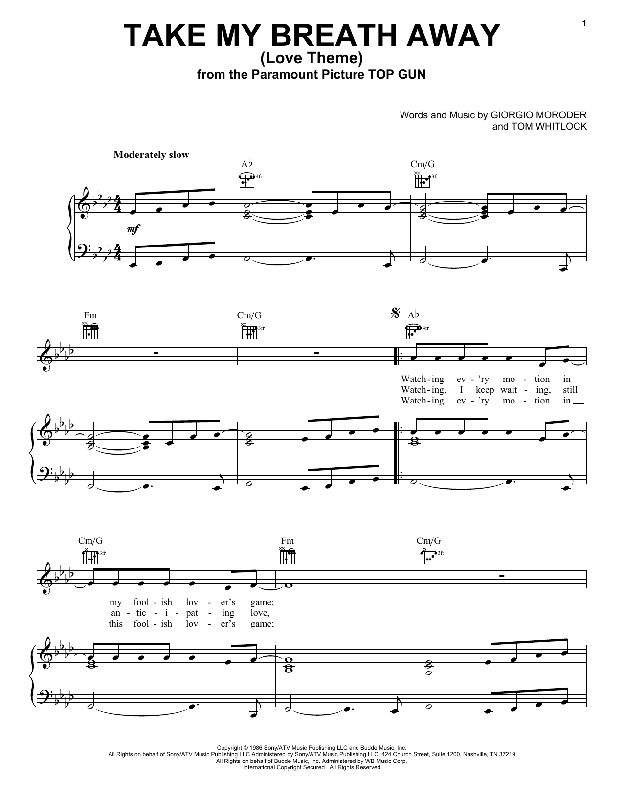 Download Berlin Take My Breath Away (Love Theme) sheet music notes and chords for Piano, Vocal & Guitar (Right-Hand Melody) - Download Printable PDF and start playing in minutes.