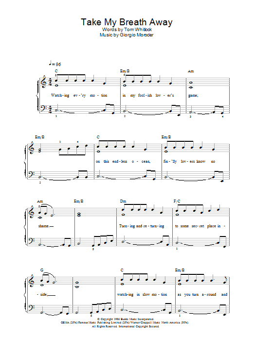Berlin Take My Breath Away sheet music preview music notes and score for Beginner Piano including 2 page(s)