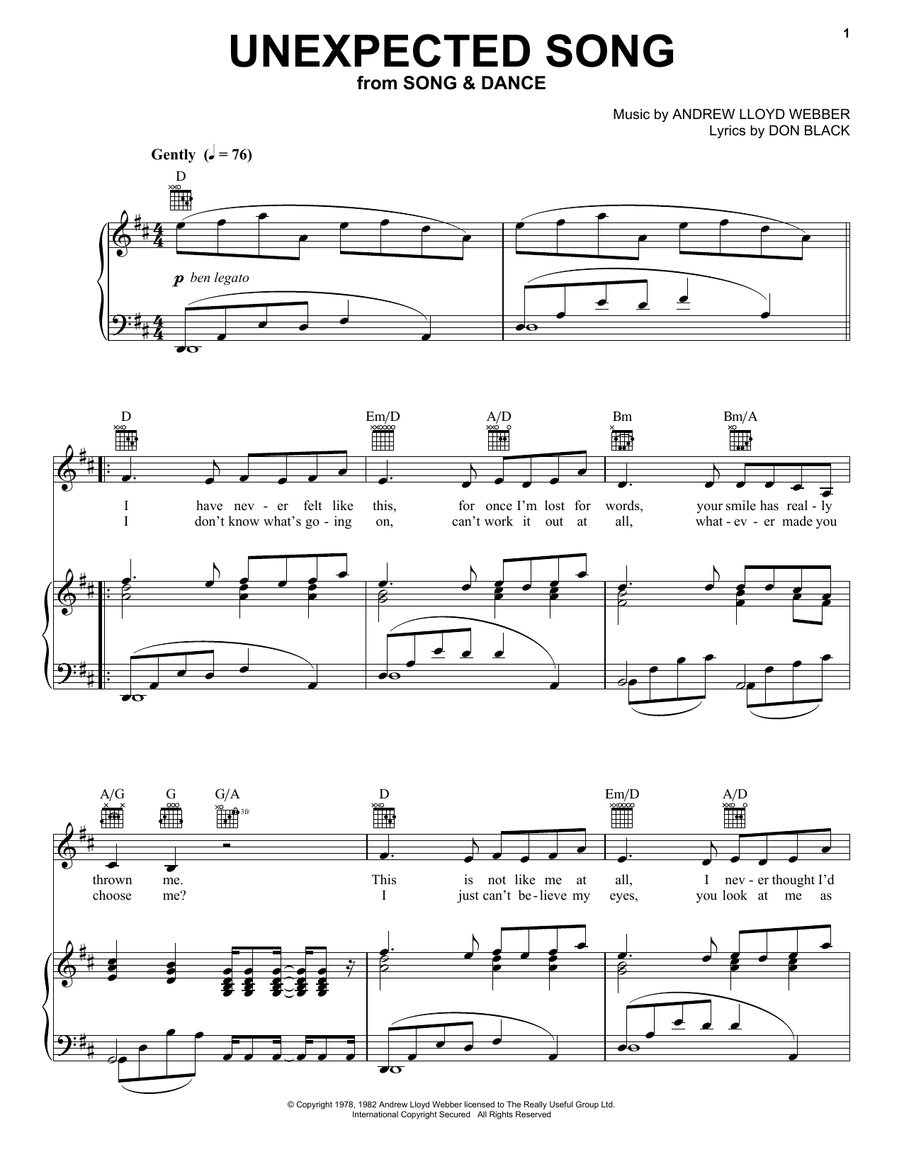 Learn to play Andrew Lloyd Webber Unexpected Song sheet music for Piano (Big Notes) in minutes. Andrew Lloyd Webber Unexpected Song sheet music preview music notes and score for Piano (Big Notes) including 4 page(s)