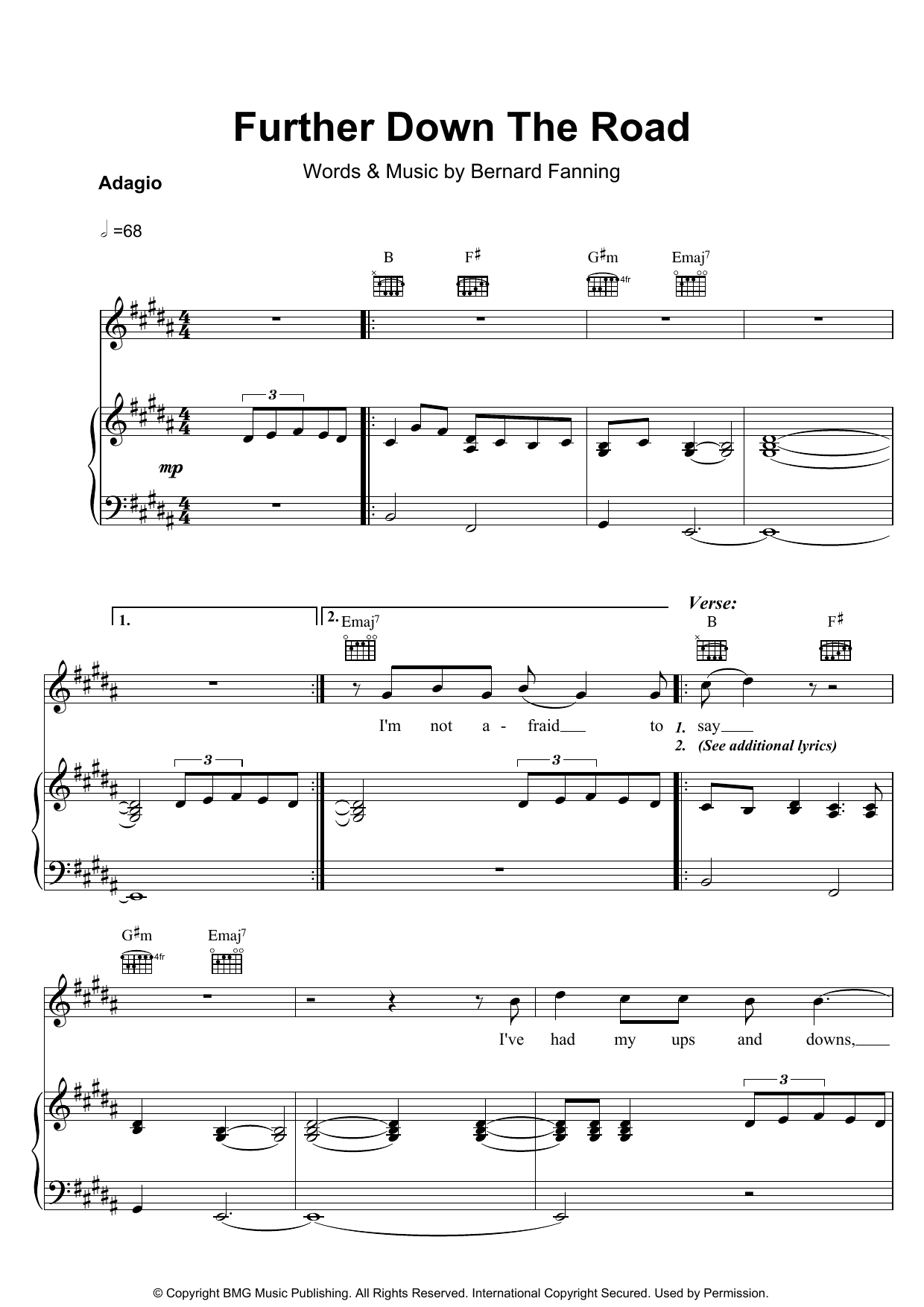 Download Bernard Fanning Further Down The Road sheet music notes and chords for Piano, Vocal & Guitar - Download Printable PDF and start playing in minutes.