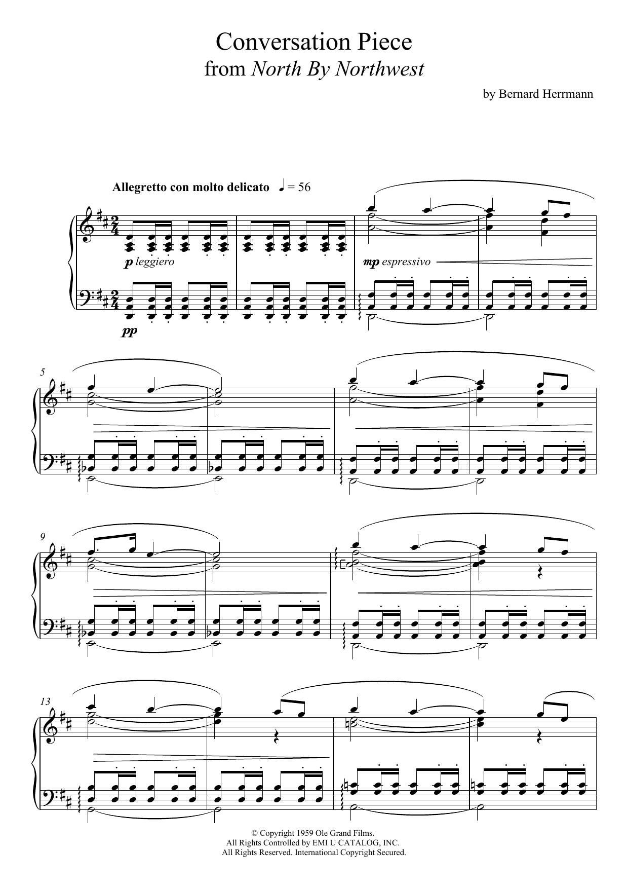 Bernard Herrmann Conversation Piece From North By Northwest sheet music, chords, lyrics - Printable PDF for Piano