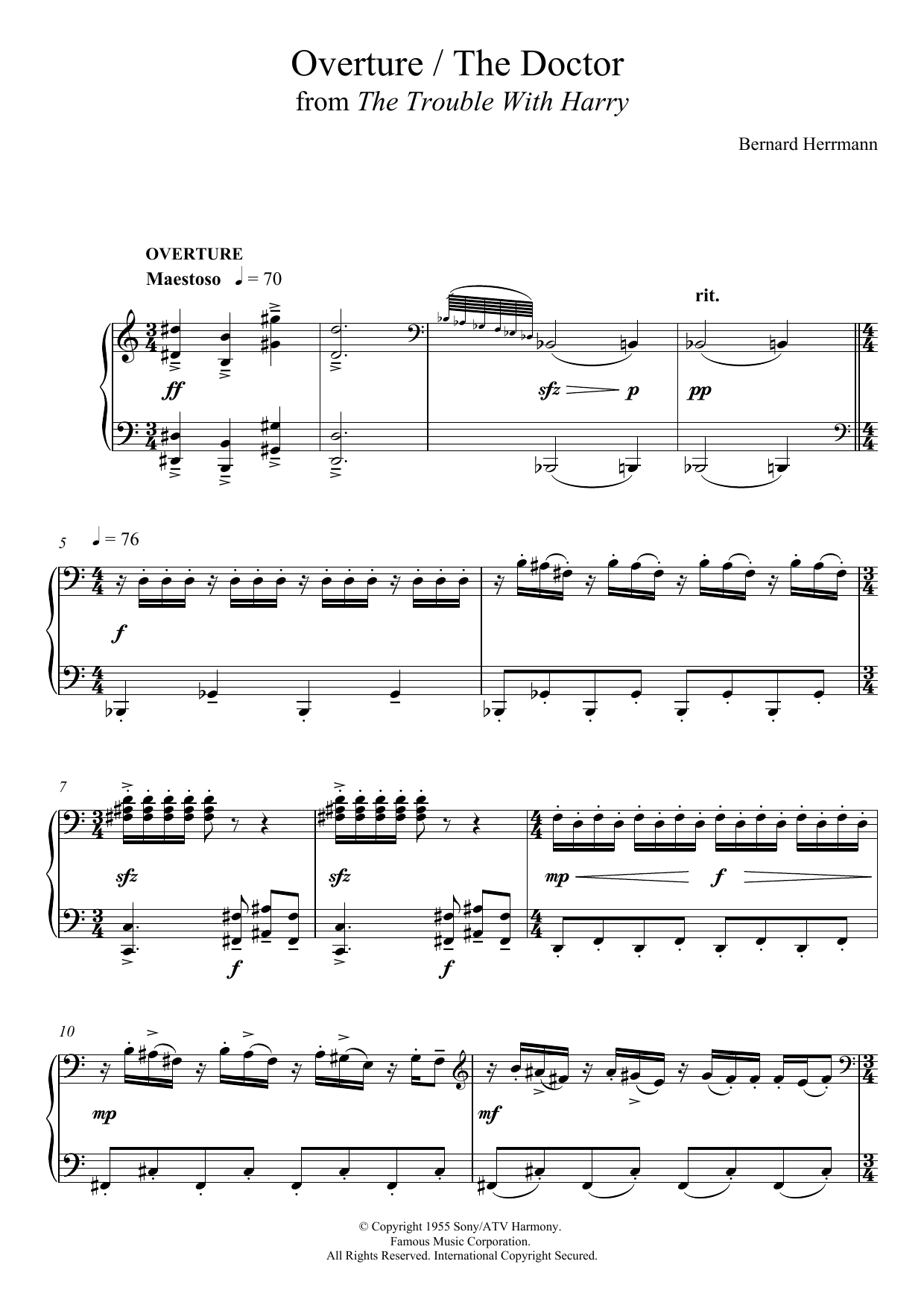 Bernard Herrmann Overture/The Doctor From The Trouble With Harry sheet music, chords, lyrics - Printable PDF for Piano