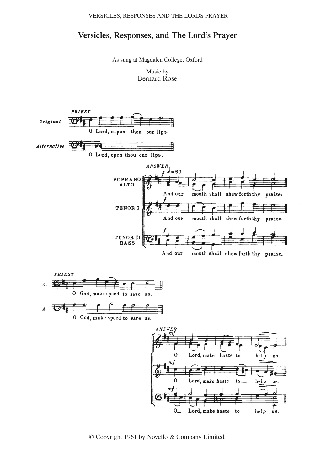 Bernard Rose Versicles, Responses And The Lord's Prayer sheet music, chords, lyrics - Printable PDF for Piano, Vocal & Guitar